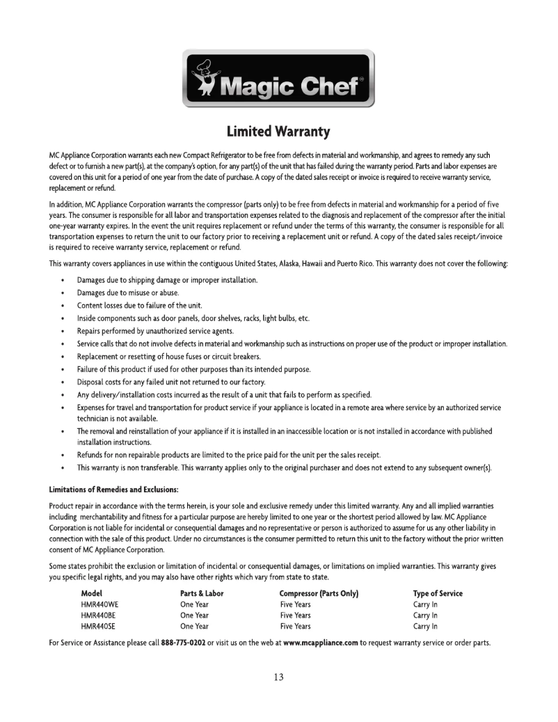 Page 1 de la notice Informations de garantie Magic Chef HMR440SE