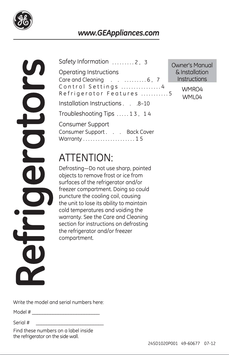 Image de la première page du manuel de l'appareil WMR04GADWW