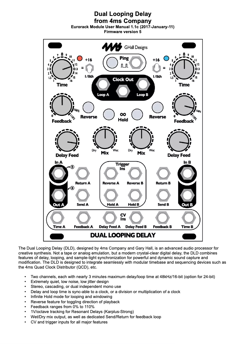 Page 1 de la notice Manuel utilisateur 4ms Dual Looping Delay