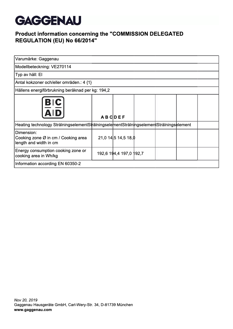 Página 1 del manual Ficha técnica Gaggenau VE270114