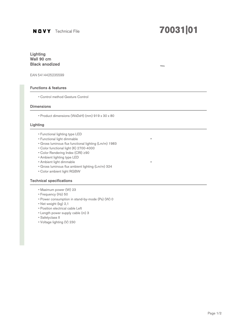 Page 1 de la notice Fiche technique Novy Wall 70031