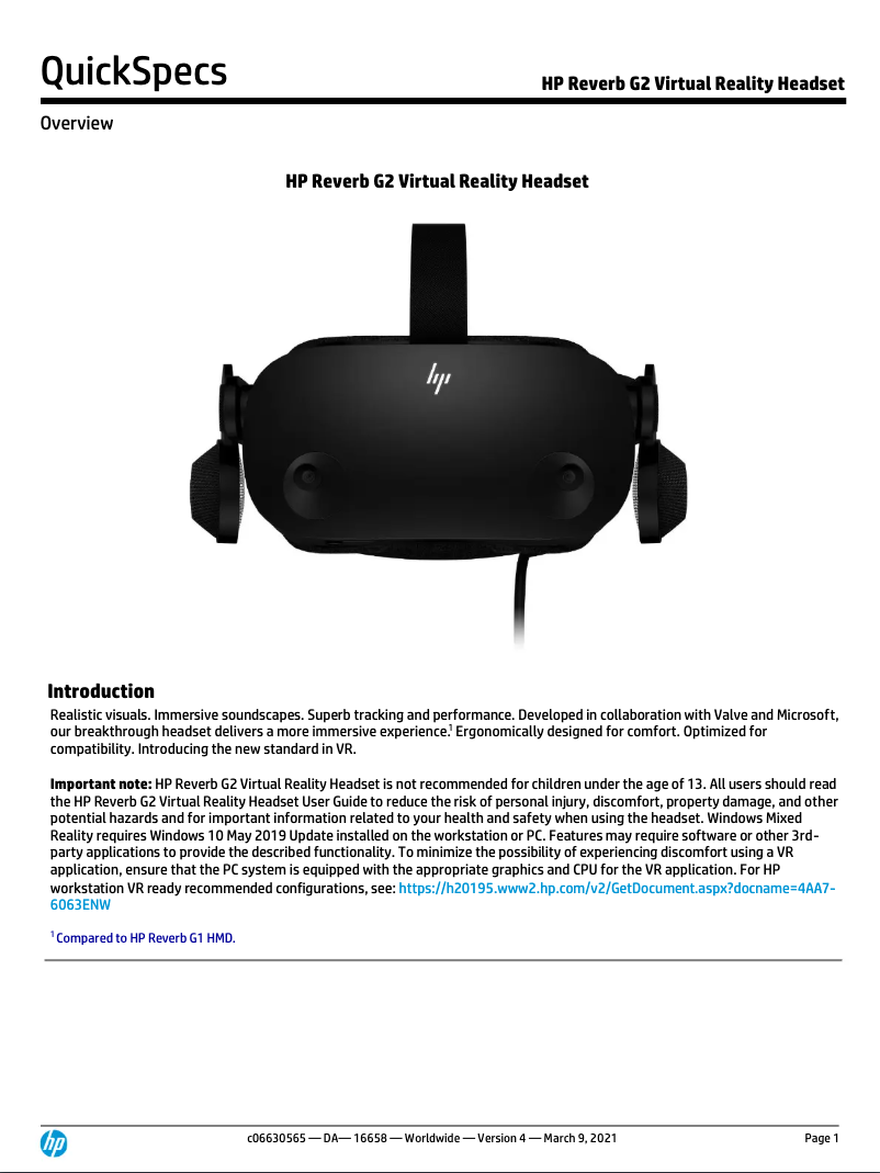 Page 1 de la notice Manuel utilisateur HP Reverb G2