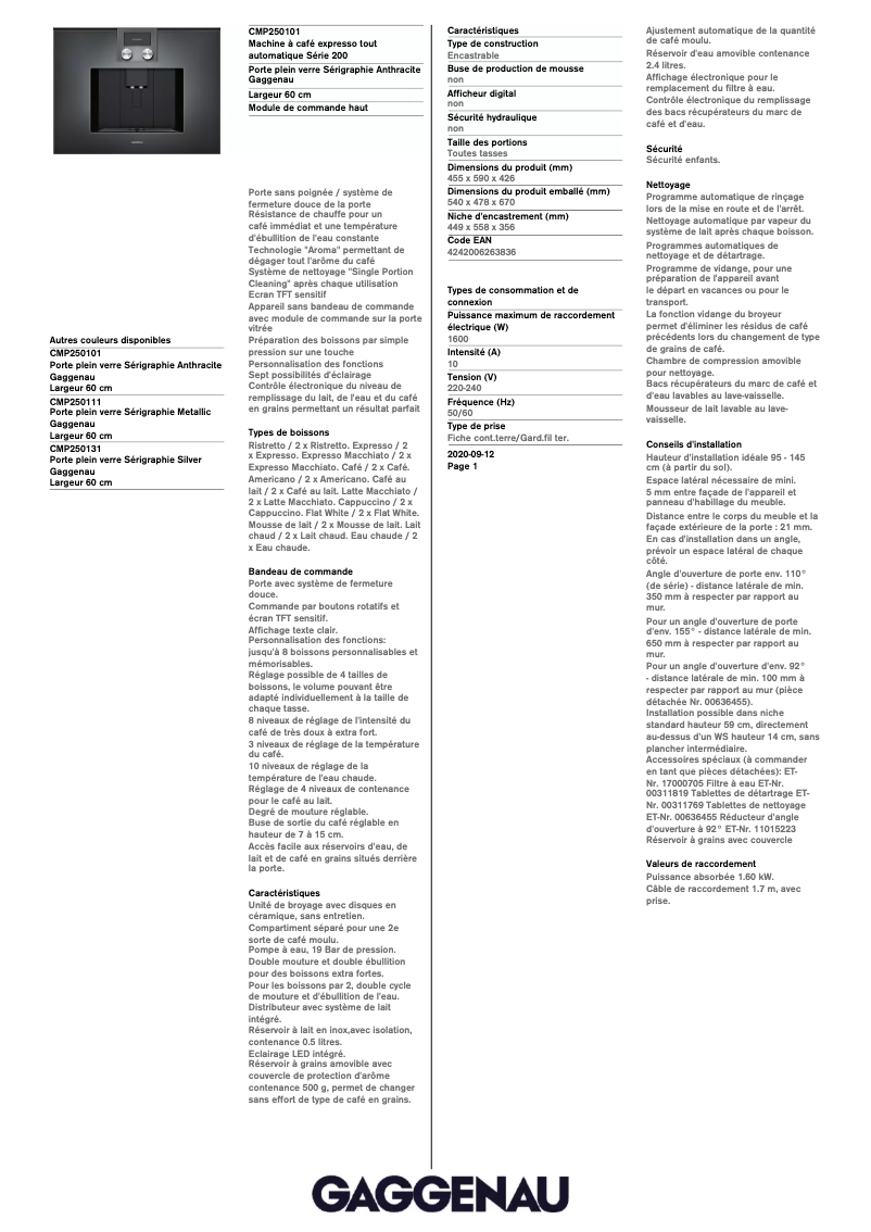 Page 1 de la notice Fiche technique Gaggenau CMP250101