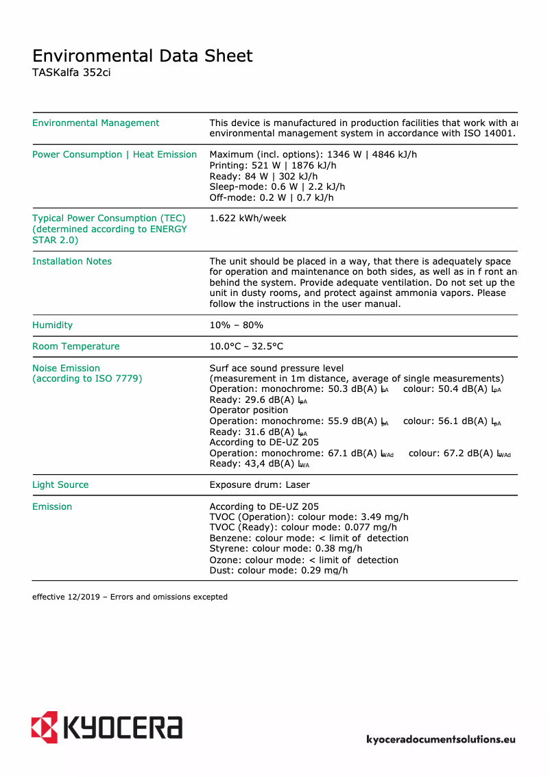 Page 1 de la notice Fiche technique Kyocera TASKalfa 352ci
