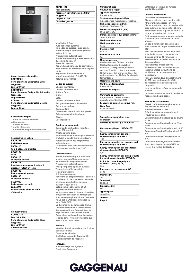 Page 1 de la notice Fiche technique Gaggenau BOP251132