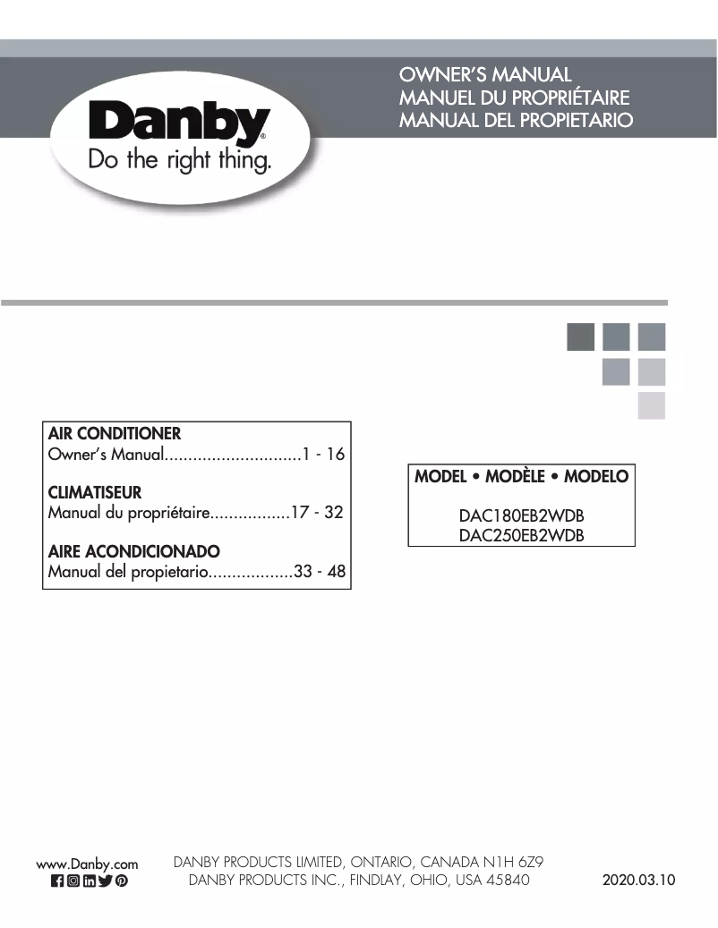 Page 1 de la notice Manuel utilisateur Danby DAC250EB2WDB