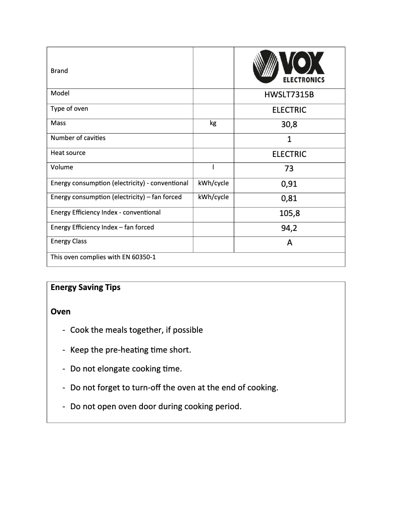 Page 1 de la notice Fiche technique VOX HWSLT7315B