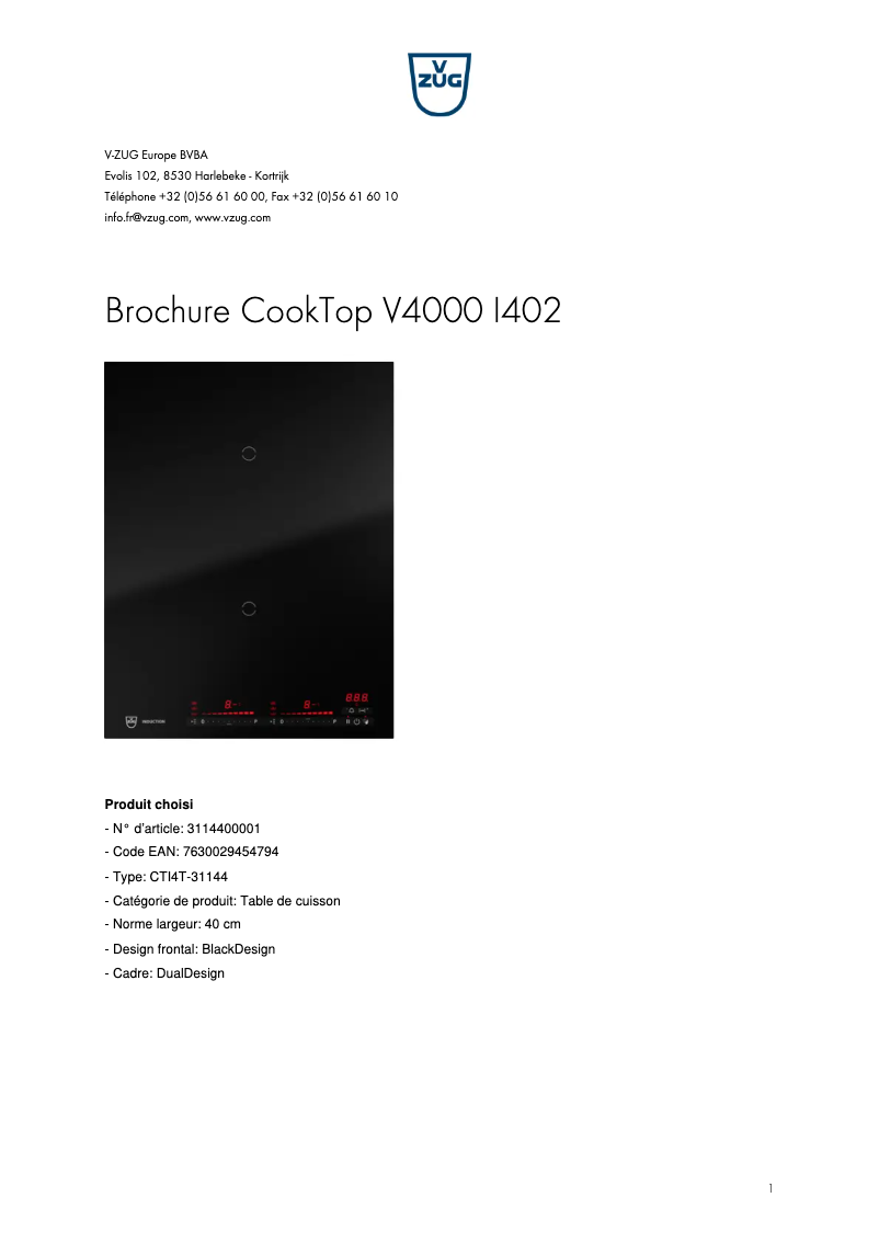Page 1 of the manual Brochure V-Zug CookTop V4000 I402