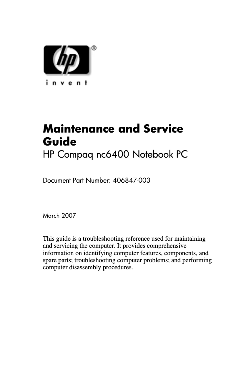 Page n°1 - Manuel utilisateur HP Compaq nc6400