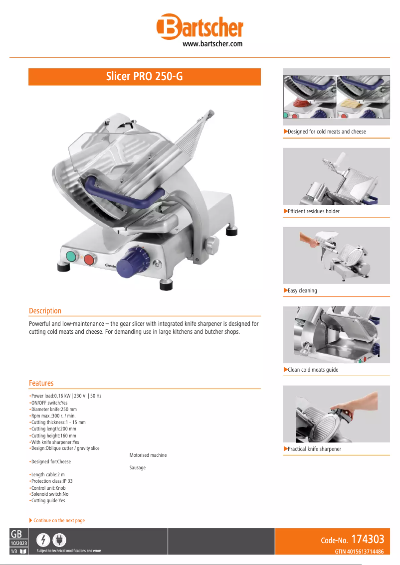 Page 1 de la notice Fiche technique Bartscher 174303