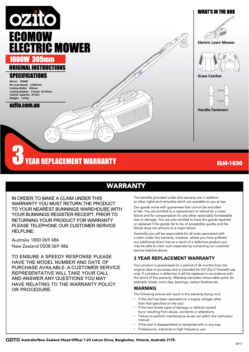 Page 1 de la notice Mode d'emploi Ozito ELM-1030