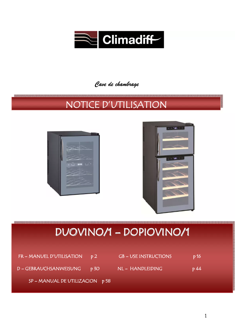 Page 1 de la notice Manuel utilisateur Climadiff Dopiovino/1