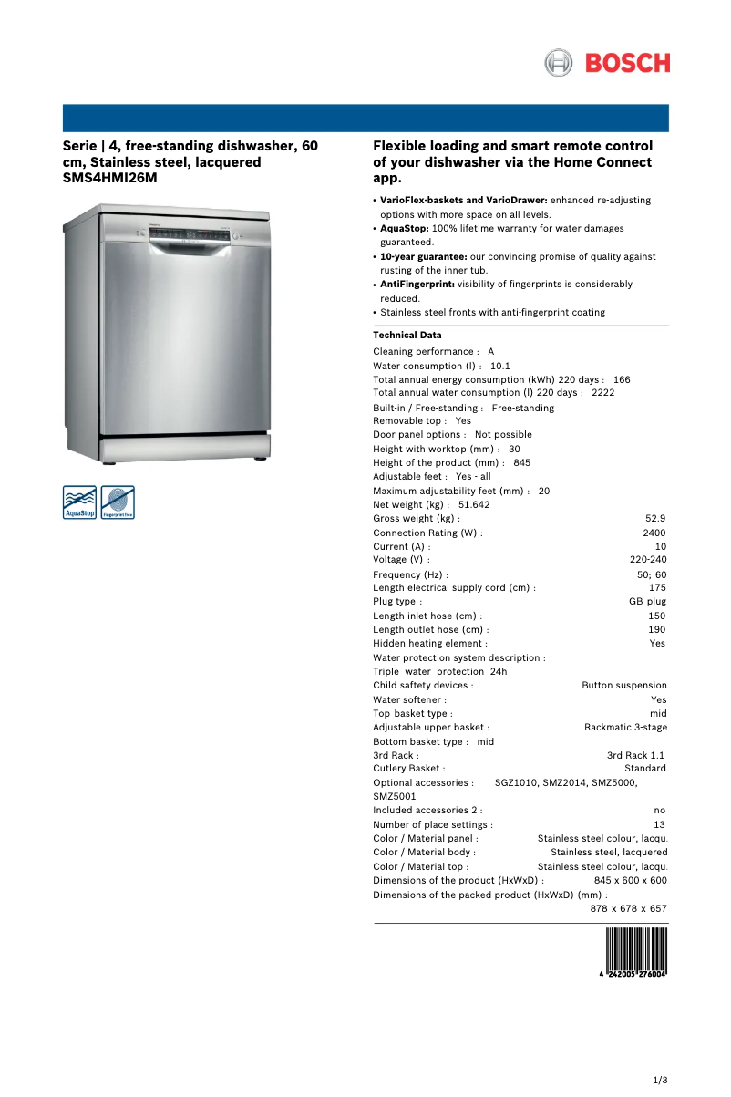 Page 1 de la notice Fiche technique Bosch SMS4HMI26M