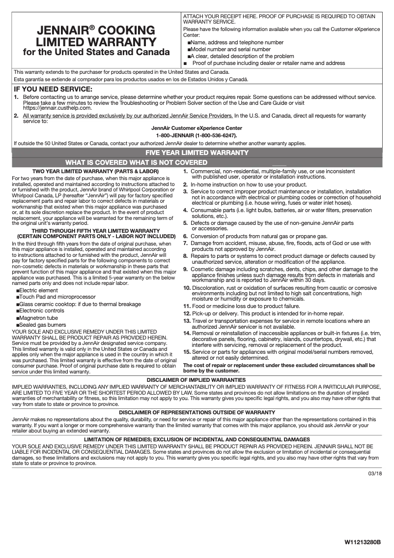 Page 1 de la notice Informations de garantie JennAir JMDFS24JL