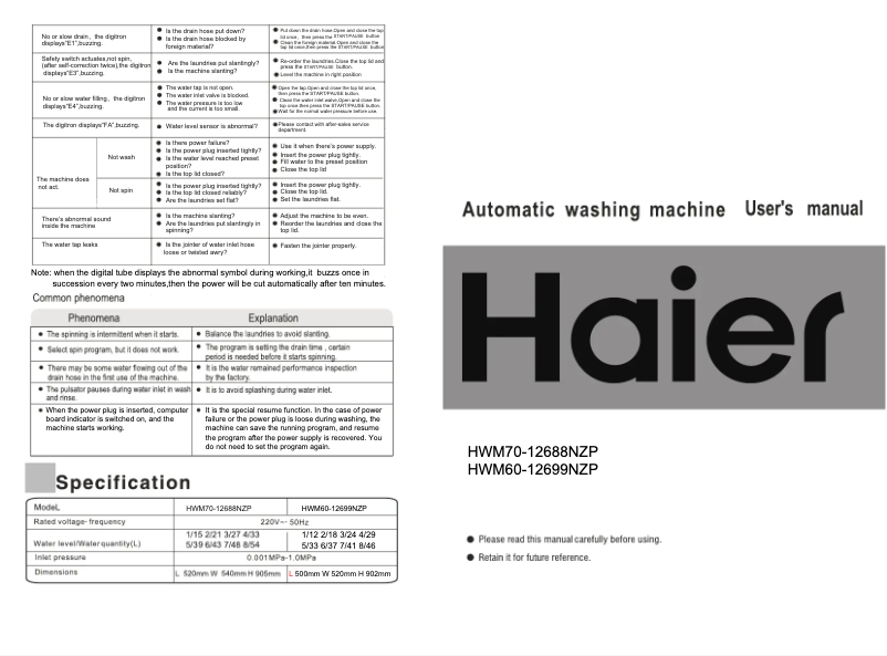 Página 1 del manual Manual de usuario Haier HWM-60-12699