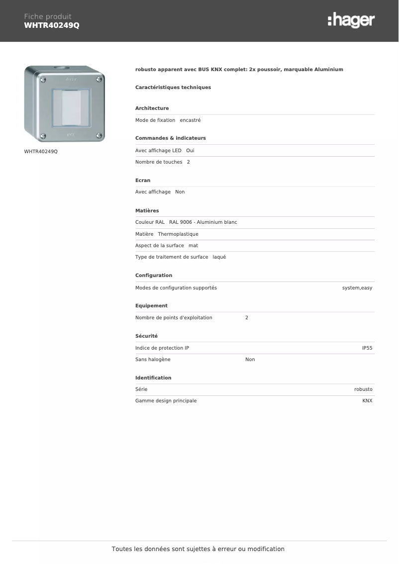 Page 1 de la notice Fiche technique Hager WHTR40249Q