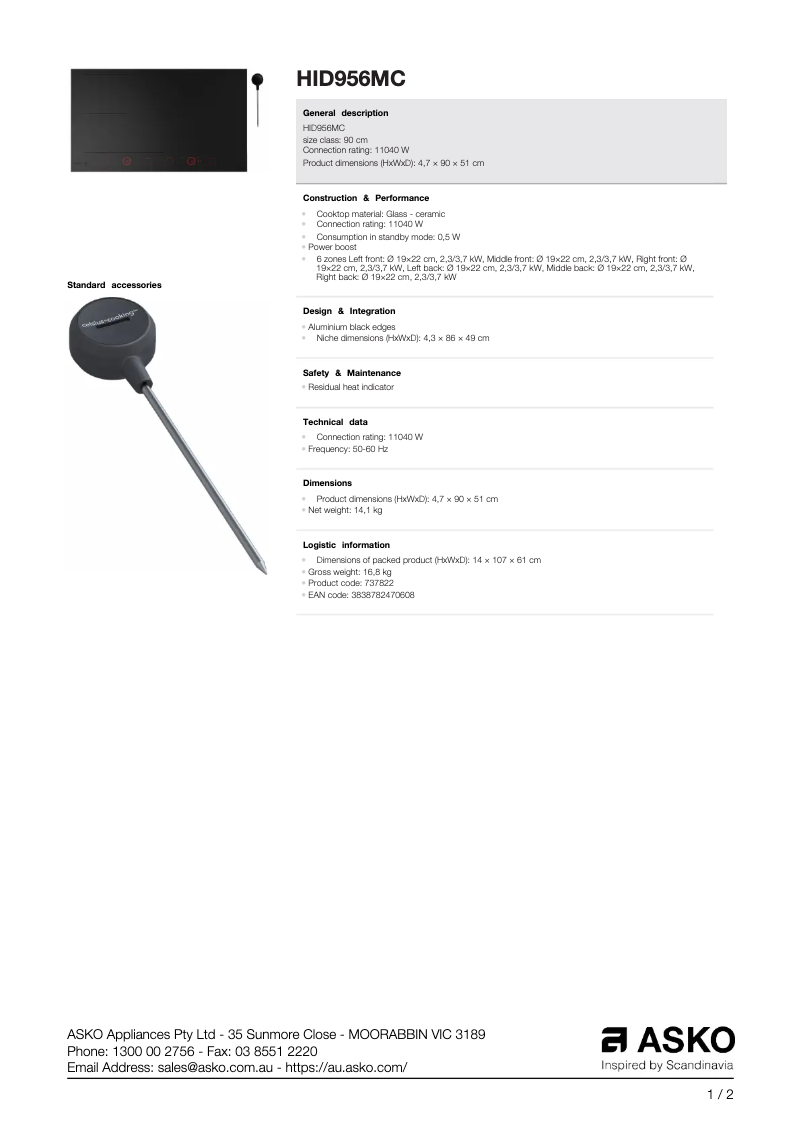 Page 1 de la notice Fiche technique Asko HID956MC
