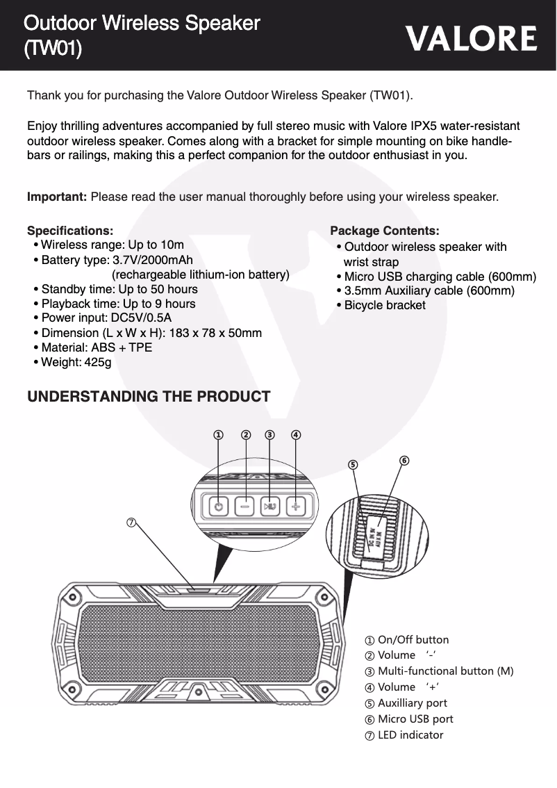Page 1 de la notice Manuel utilisateur Valore TW01