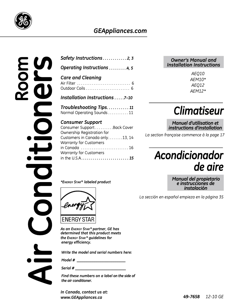 Página 1 del manual Guía de instalación GE AEQ12AP
