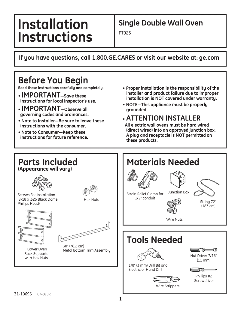 Page 1 of the manual Instructions / Assembly GE PT925DNBB
