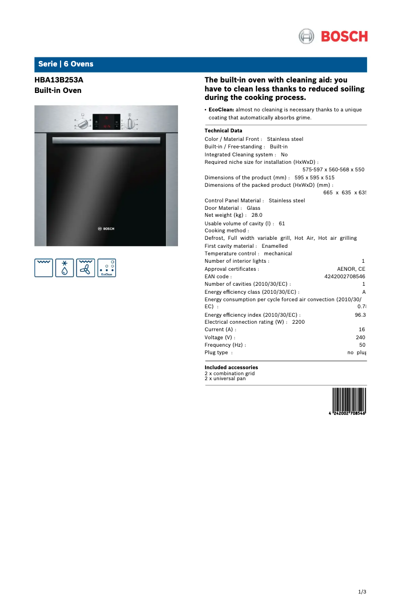Page 1 de la notice Fiche technique Bosch HBA13B253A