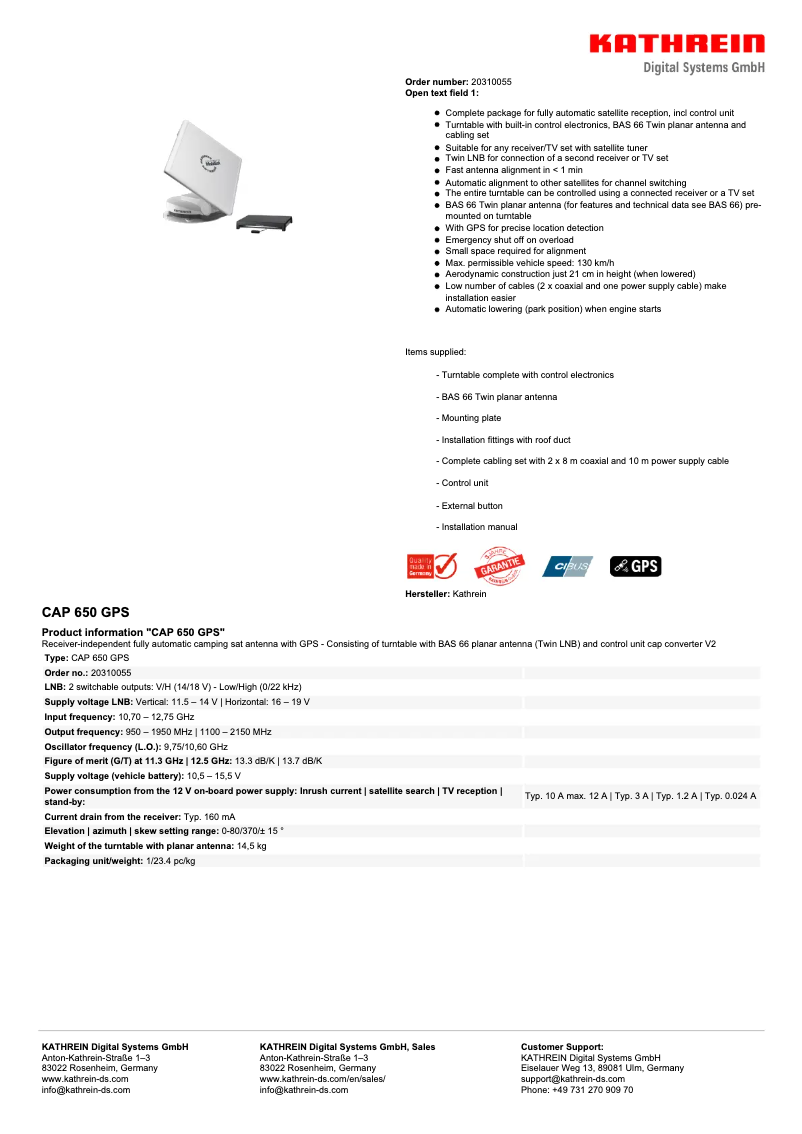 Page 1 de la notice Manuel utilisateur Kathrein CAP 650 GPS