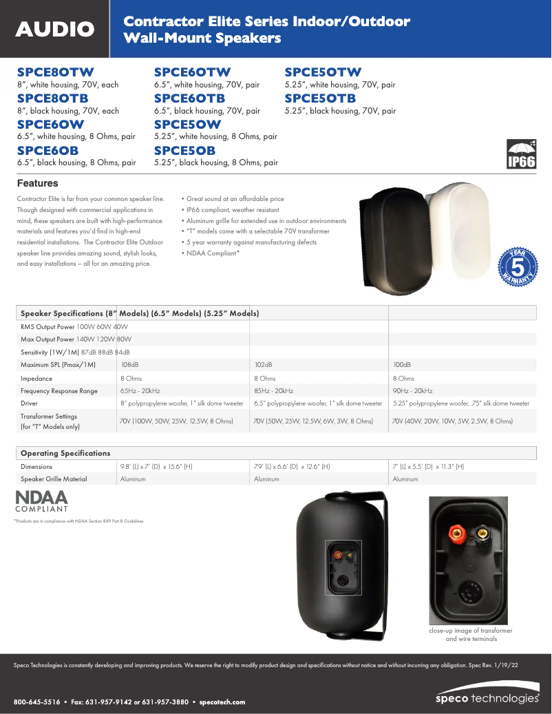 Page 1 de la notice Fiche technique Speco Technologies SPCE6OW