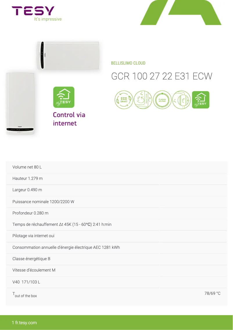 Página 1 del manual Ficha técnica Tesy BelliSlimo Cloud 100