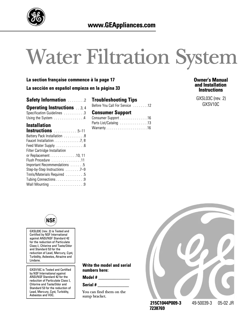 Página 1 del manual Guía de instalación GE GXSL03C