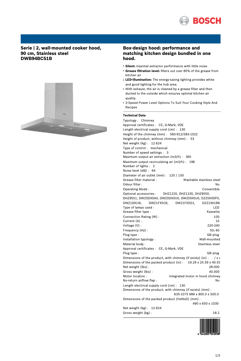 Page 1 of the manual Technical Sheet Bosch DWB94BC51B