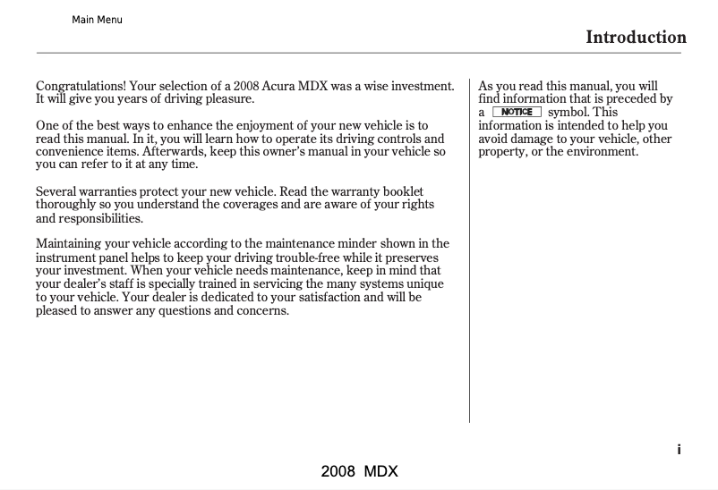 Page 1 of the manual User Manual Acura MDX (2008)