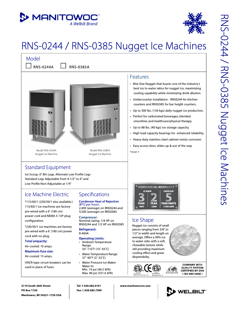 Página 1 del manual Ficha técnica Manitowoc RNS-0385A