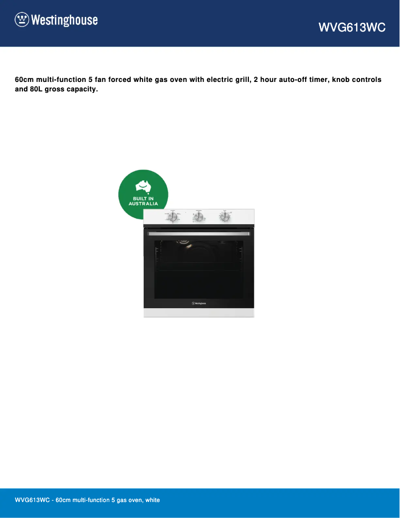 Page 1 de la notice Fiche technique Westinghouse WVG613WC