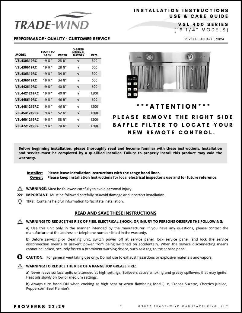 Page 1 de la notice Manuel utilisateur Trade-Wind VSL4601219RC