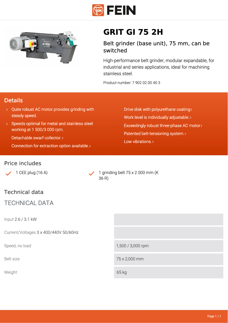 Page 1 de la notice Fiche technique Fein GRIT GI 75 2H