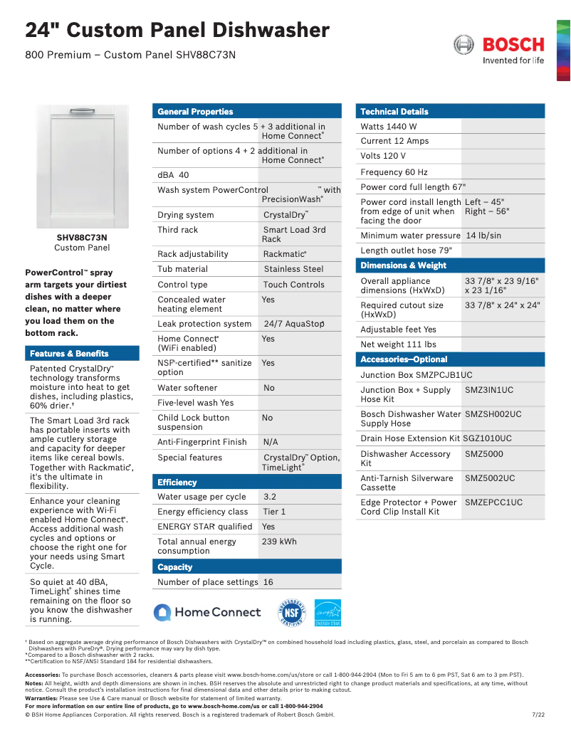 Page 1 de la notice Fiche technique Bosch SHV88C73N