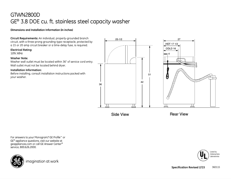 Page 1 de la notice Fiche technique GE GTWN2800DWW