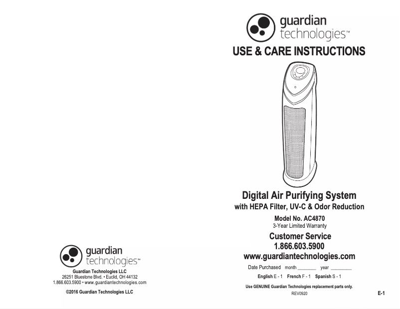Page 1 de la notice Manuel utilisateur Guardian AC4870