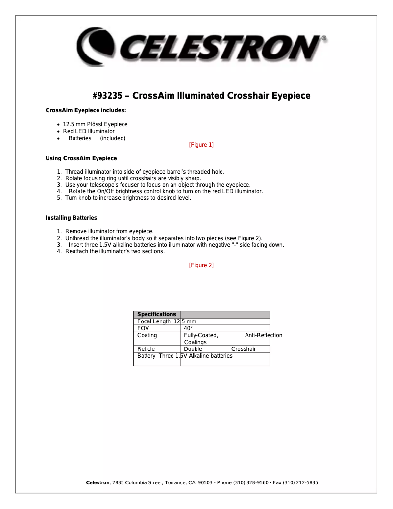 Page 1 de la notice Manuel utilisateur Celestron CrossAim Illuminated Crosshair Eyepiece 93235