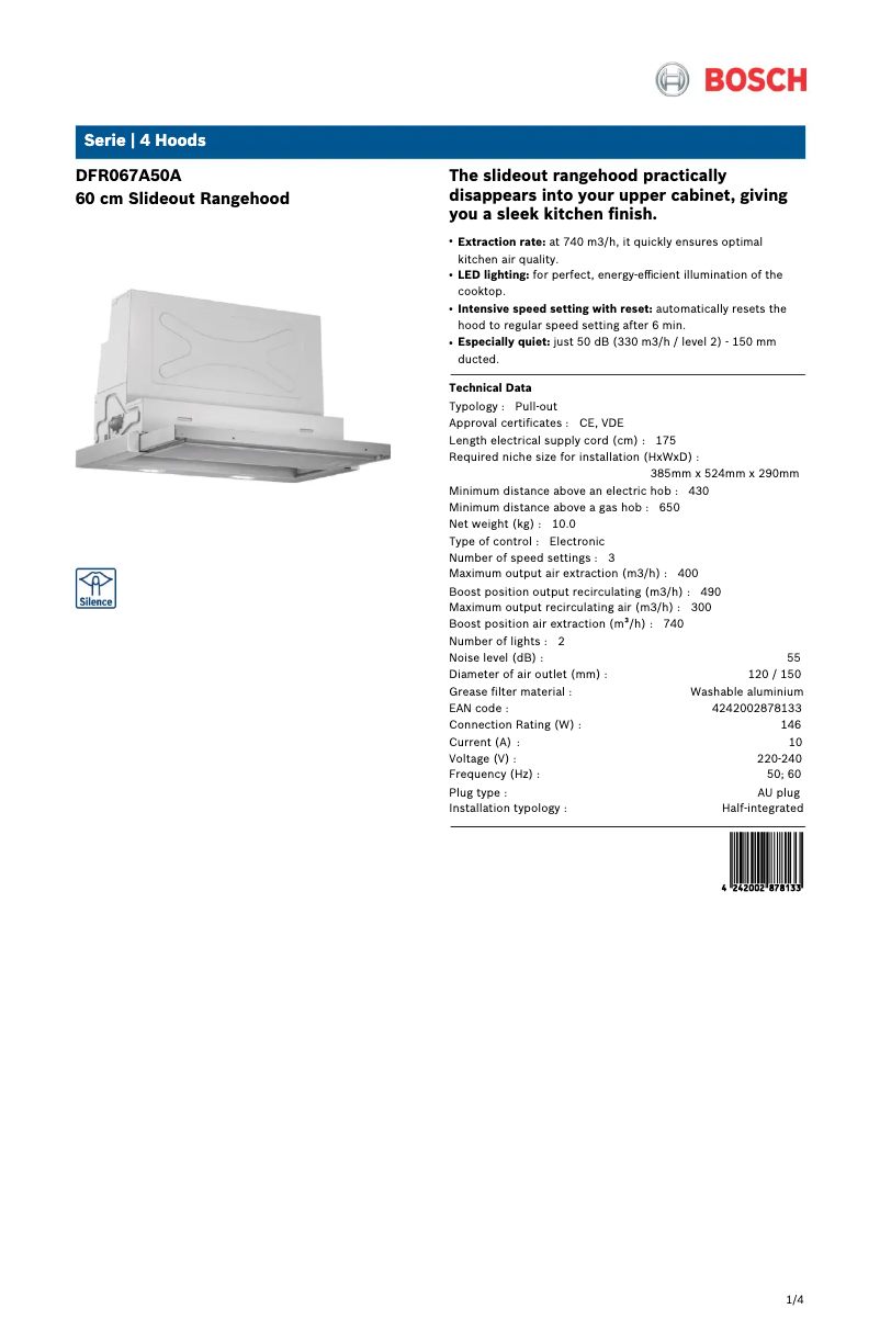 Page 1 de la notice Fiche technique Bosch DFR067A50A