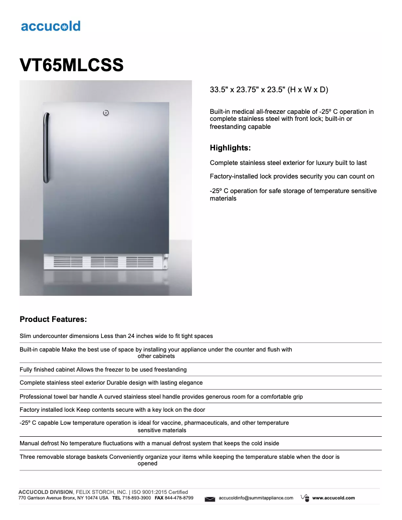 Page 1 de la notice Fiche technique Summit Accucold VT65MLCSS