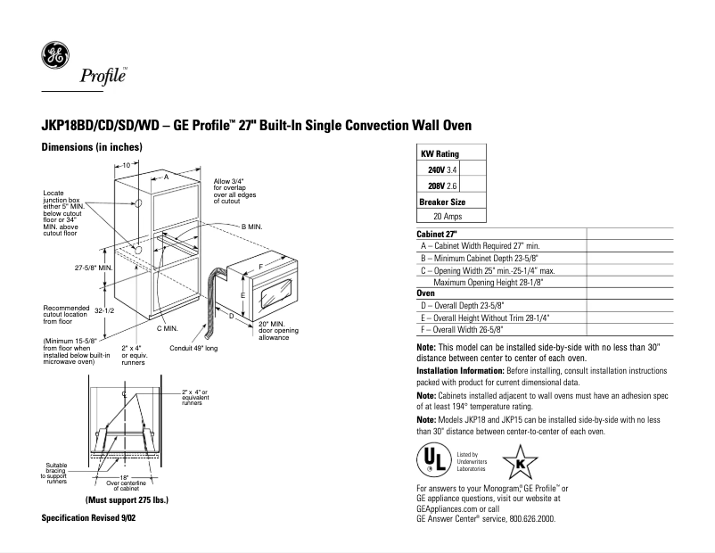 Page n°1 - Fiche technique GE Profile JKP18WDWW