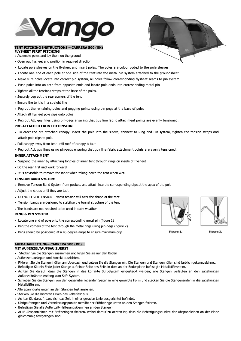 Page 1 de la notice Manuel utilisateur Vango Carrera 500