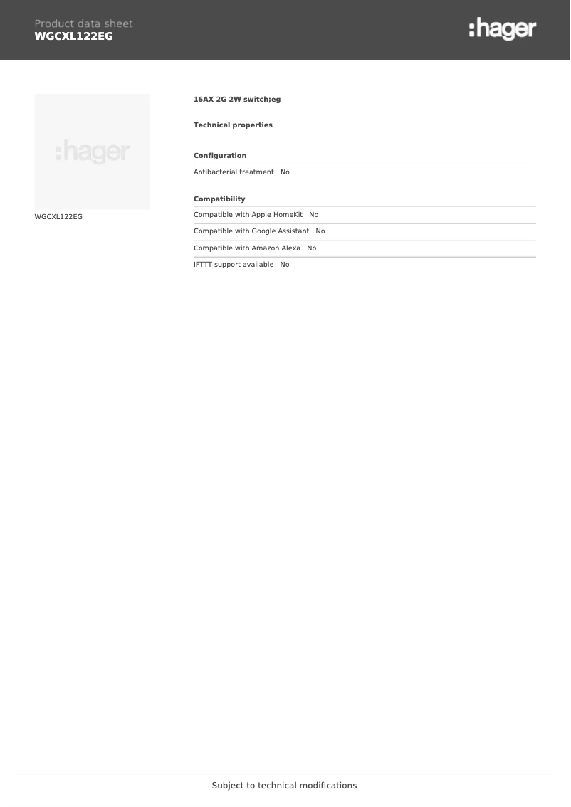 Page 1 de la notice Fiche technique Hager WGCXL122EG