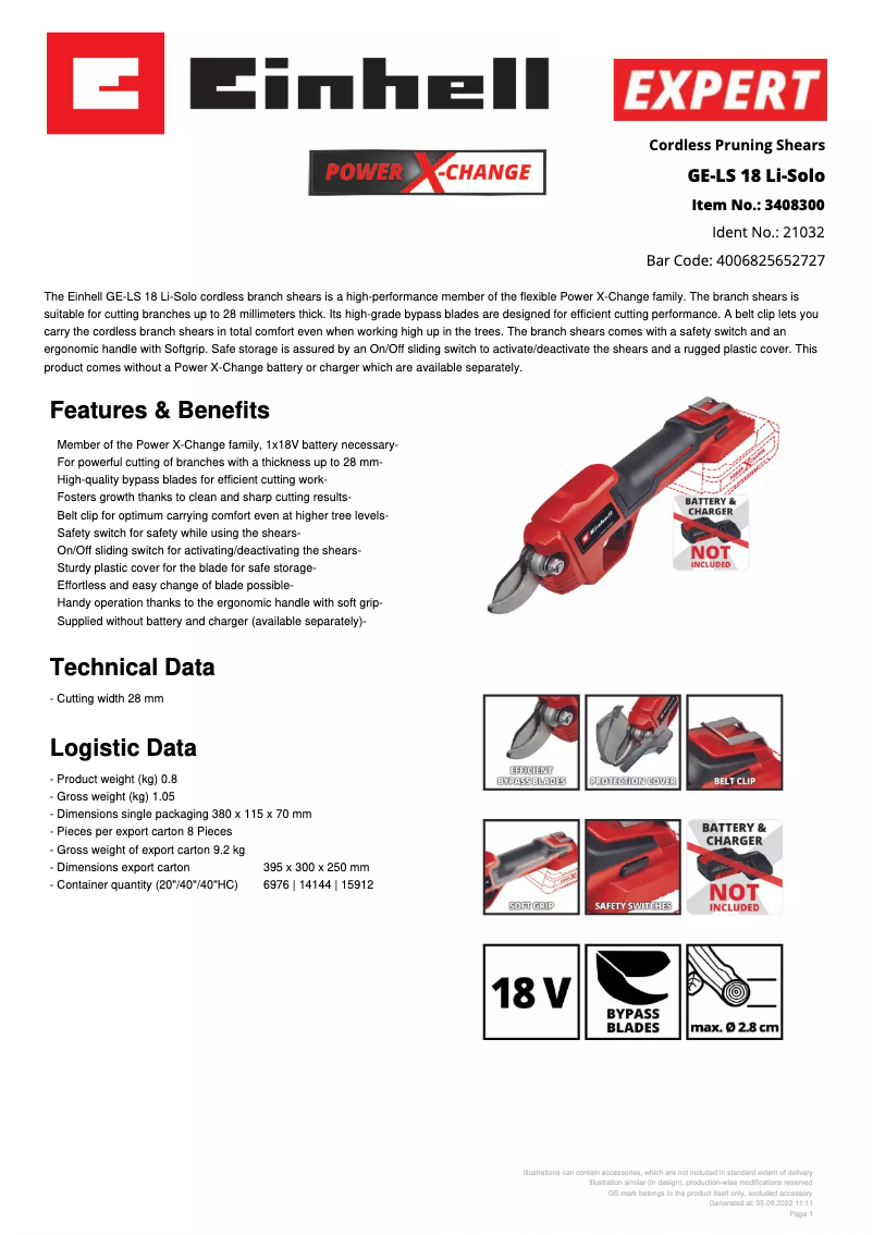 Página 1 del manual Ficha técnica Einhell GE-LS 18 Li