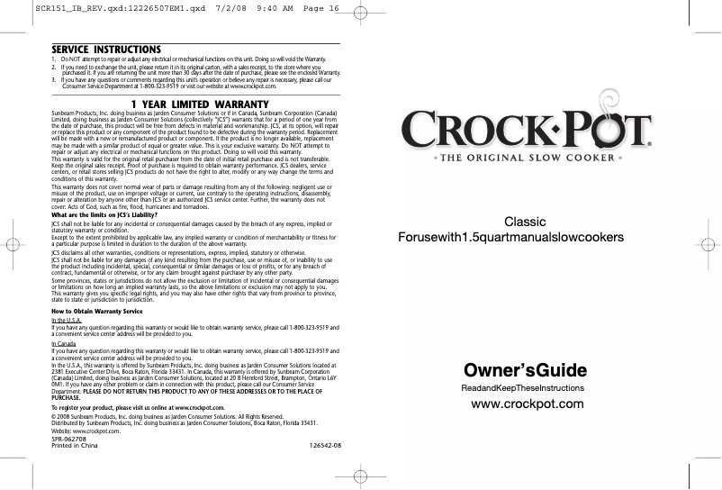 Page 1 de la notice Manuel utilisateur Crock-Pot SCR151