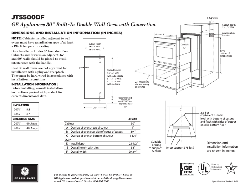 Página 1 del manual Ficha técnica GE JT5500DFWW