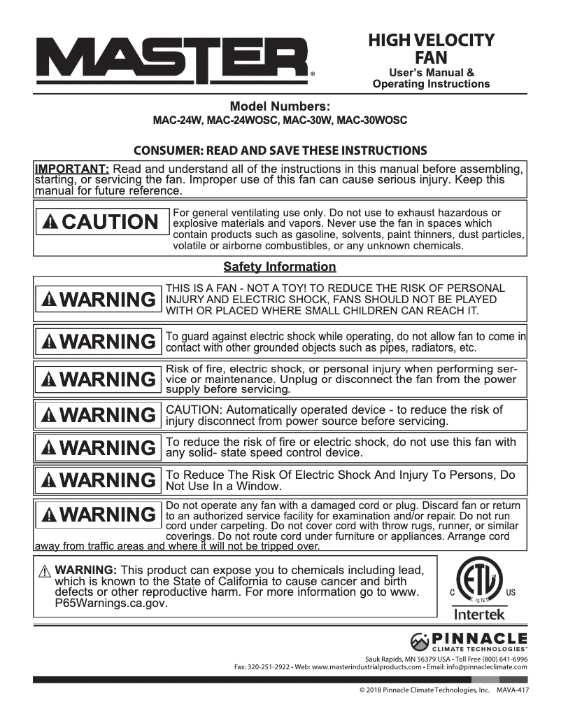 Page 1 de la notice Manuel utilisateur Master MAC-30WOSC