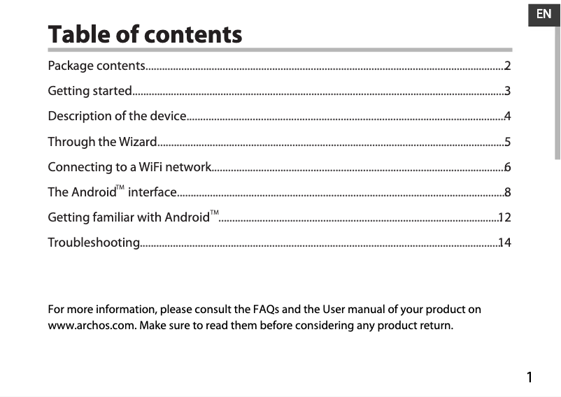 Page 1 de la notice Manuel utilisateur Archos 101 Neon