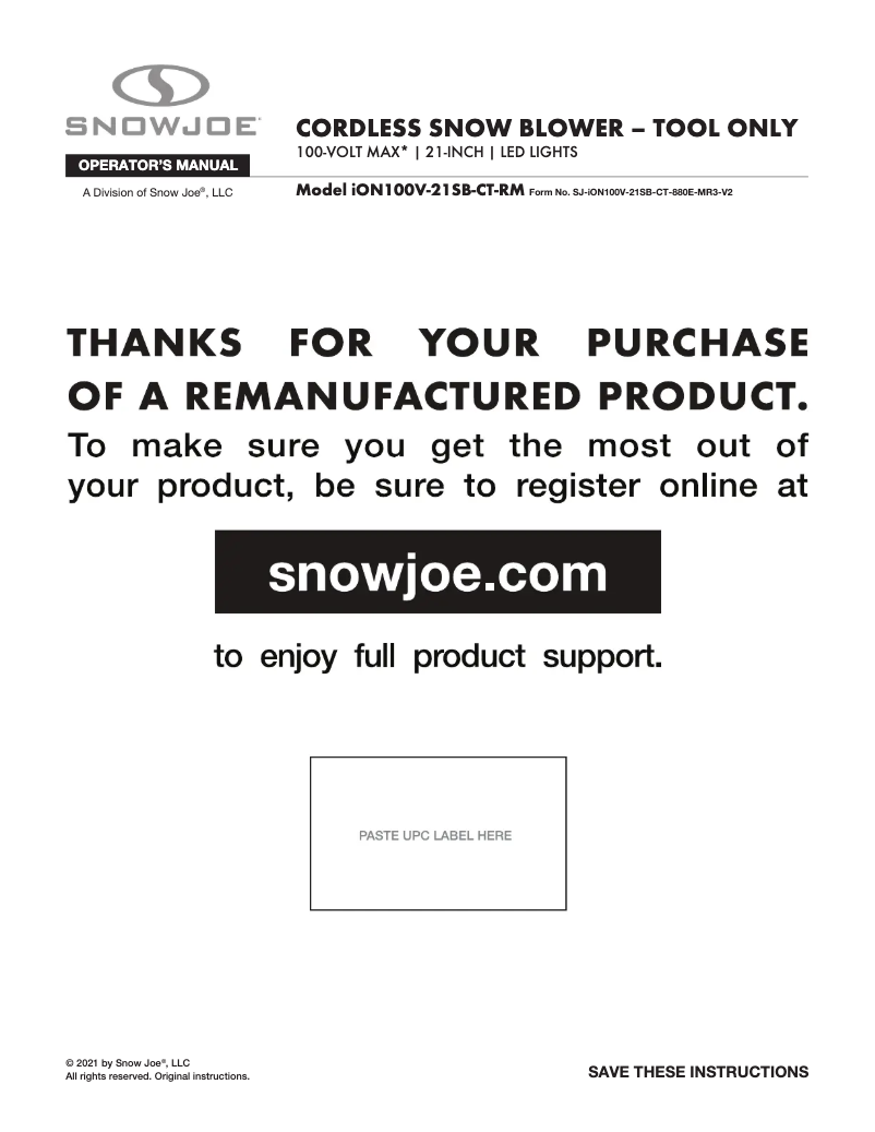 Page 1 de la notice Manuel utilisateur Snow Joe ION100V-21SB-CT-RM